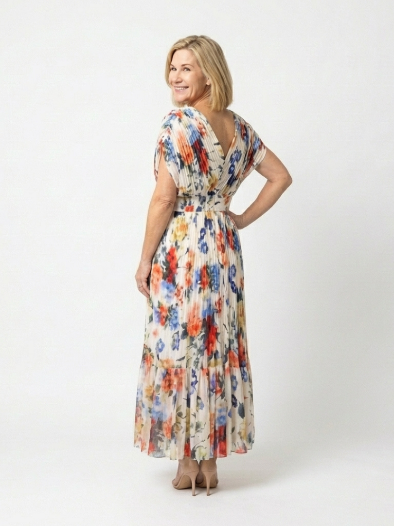 Adele | Pleated Floral Midi Dress with Short Sleeves
