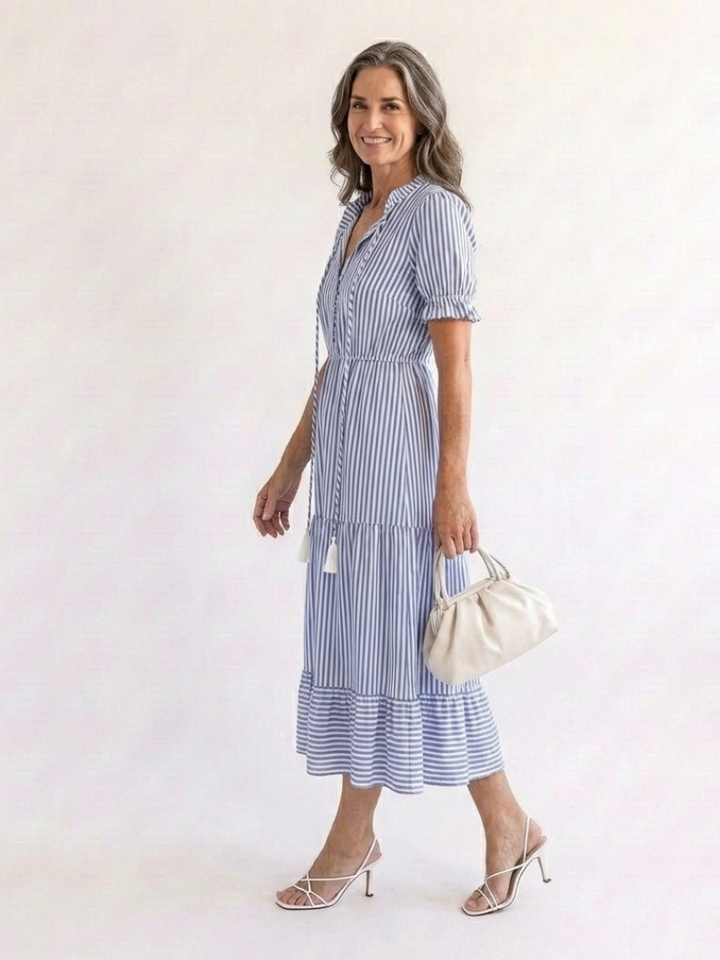 Vera | Striped Tiered Midi Dress with Short Sleeves