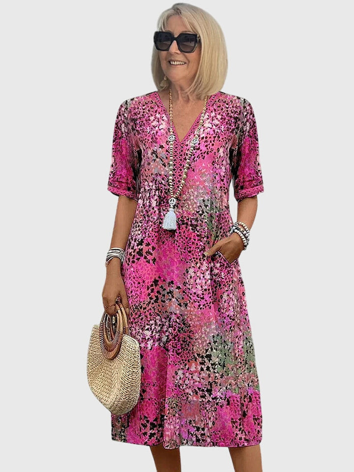 Yvonne | Floral Print Midi Dress with Flowing Silhouette & Belly Coverage
