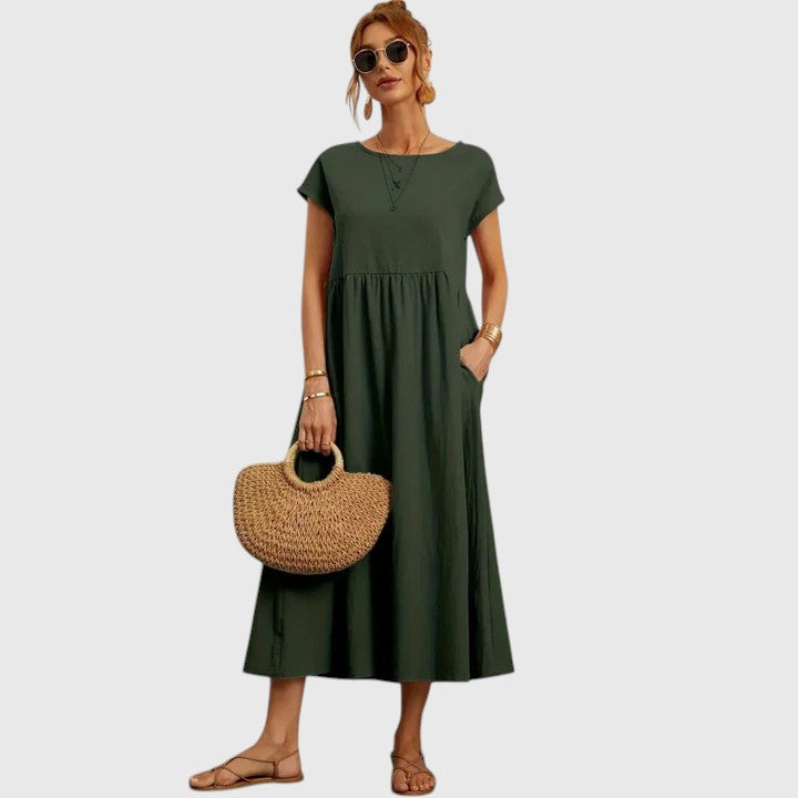 Fenna | Relaxed Midi Dress with Round Neckline & Side Pockets