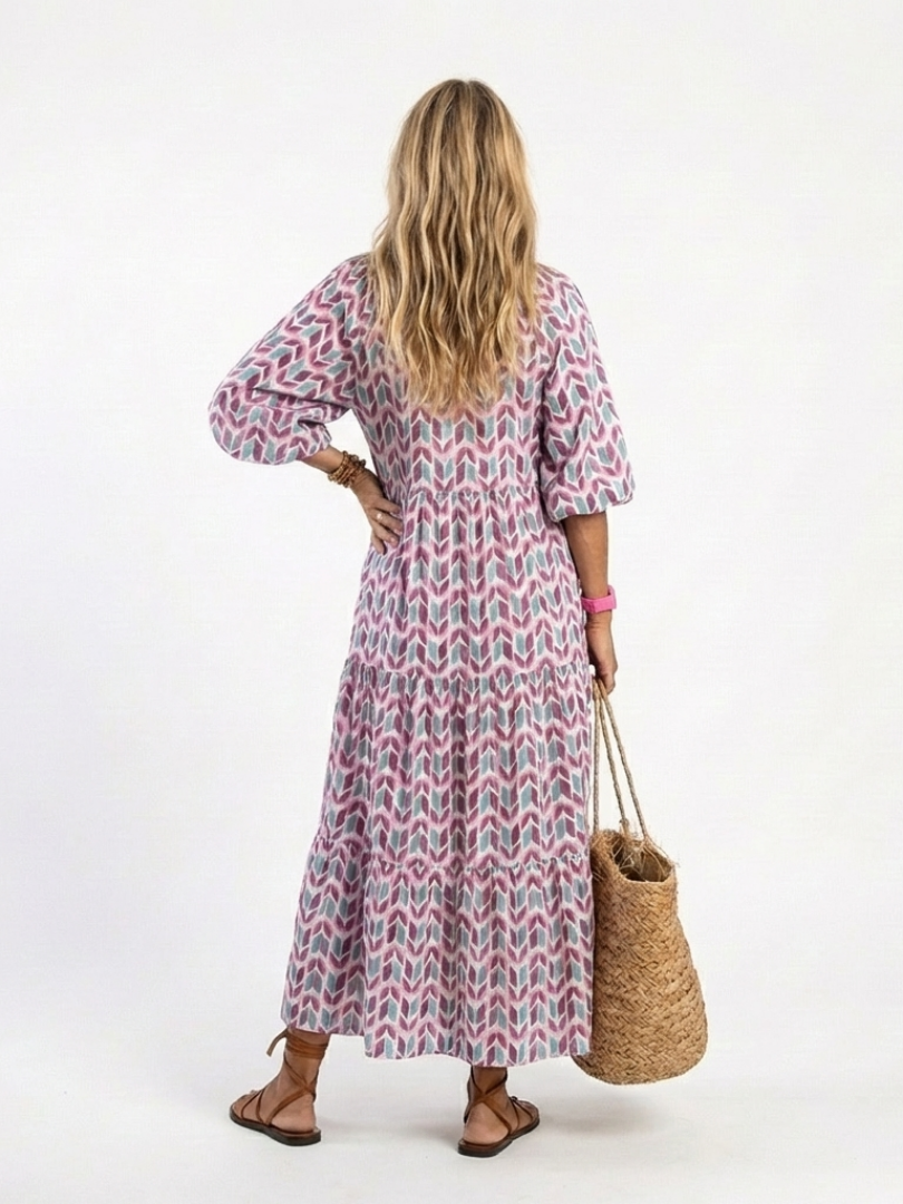 Ingrid | Tiered Midi Dress in Geometric Print with Long Sleeves