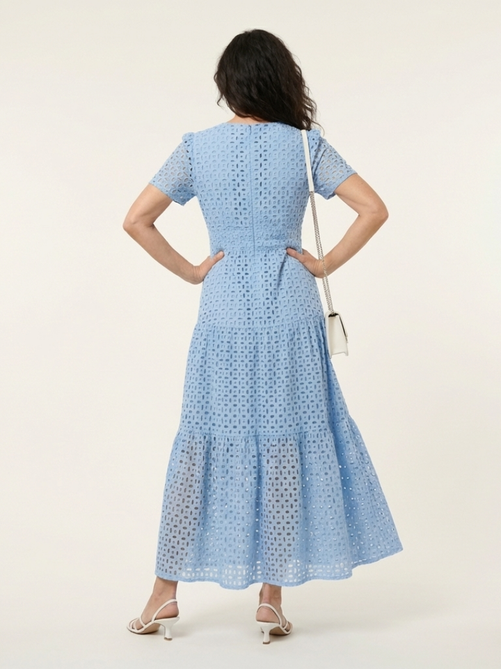 Petra | Tiered Midi Dress with V Neckline & Short Sleeves