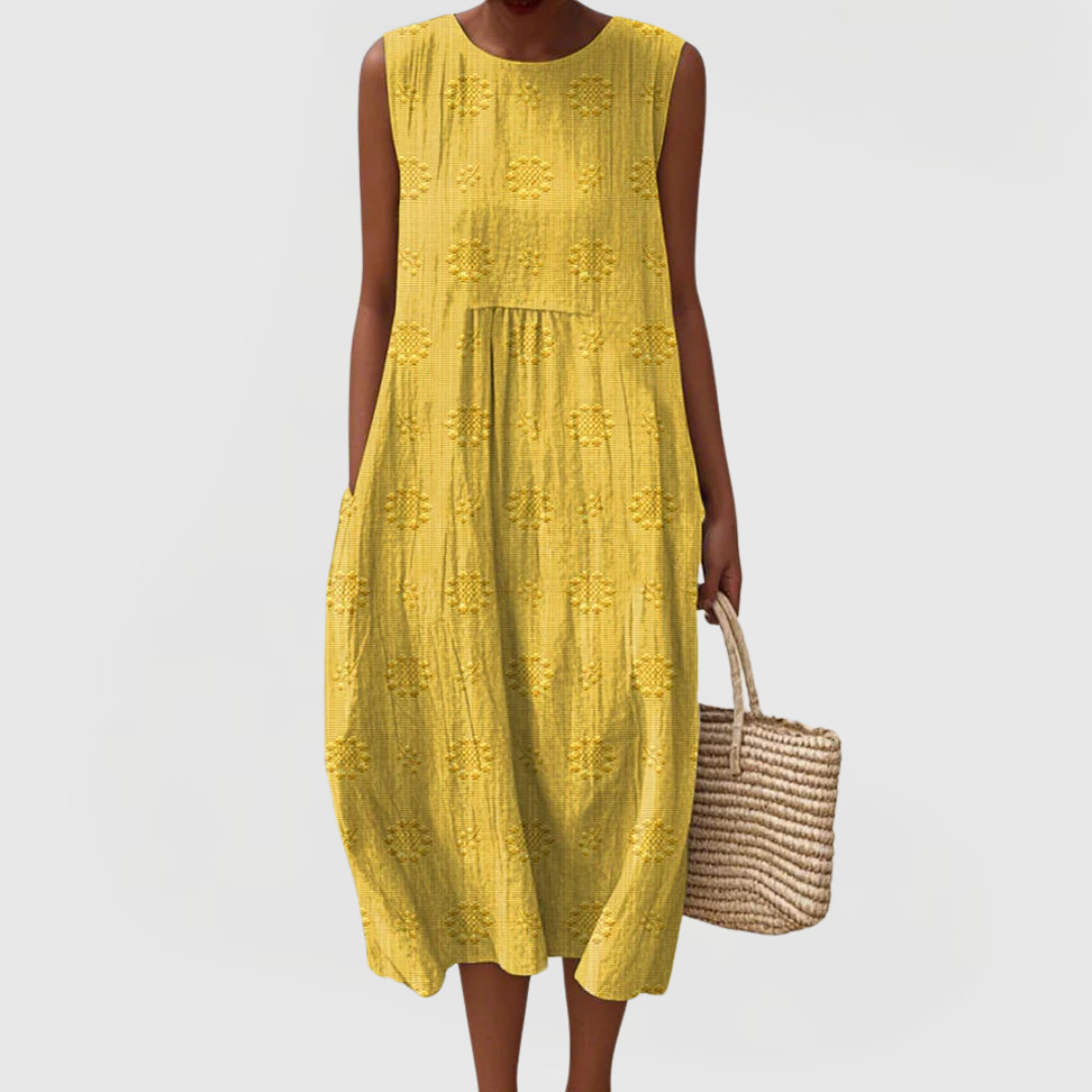 Valentina | Sleeveless Embroidered Midi Dress with Pockets & Gathered Waist