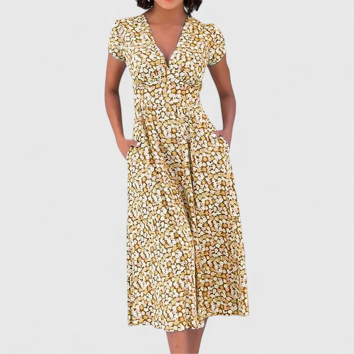 Rosa | Heart Neckline Midi Dress with Flowy Flared Skirt