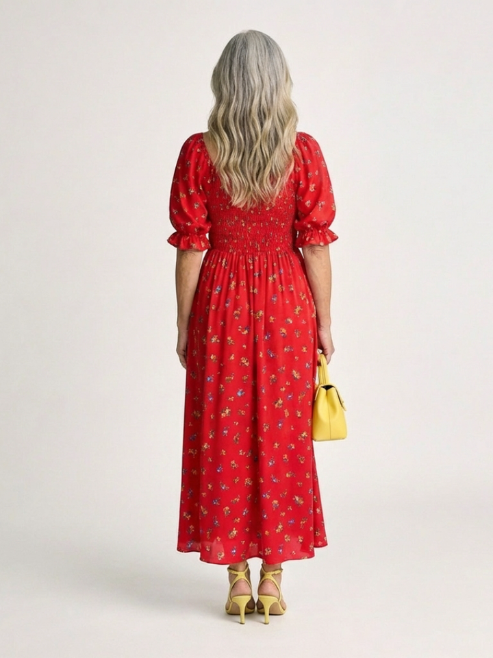Tessa | Floral Puff Sleeve Midi Dress with Square Neckline