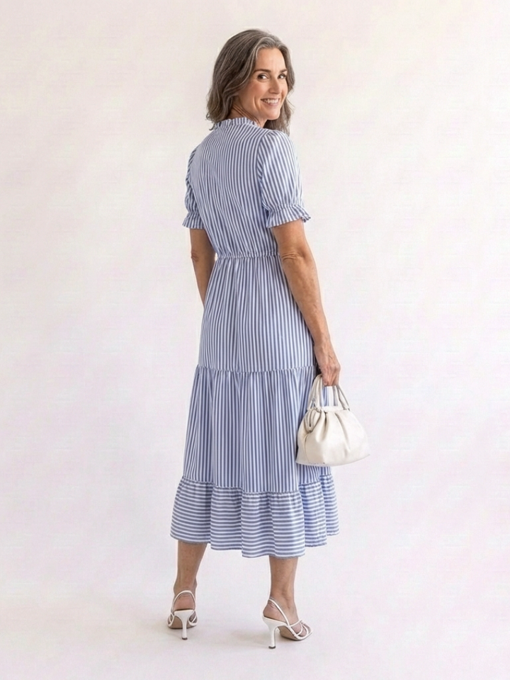 Vera | Striped Tiered Midi Dress with Short Sleeves