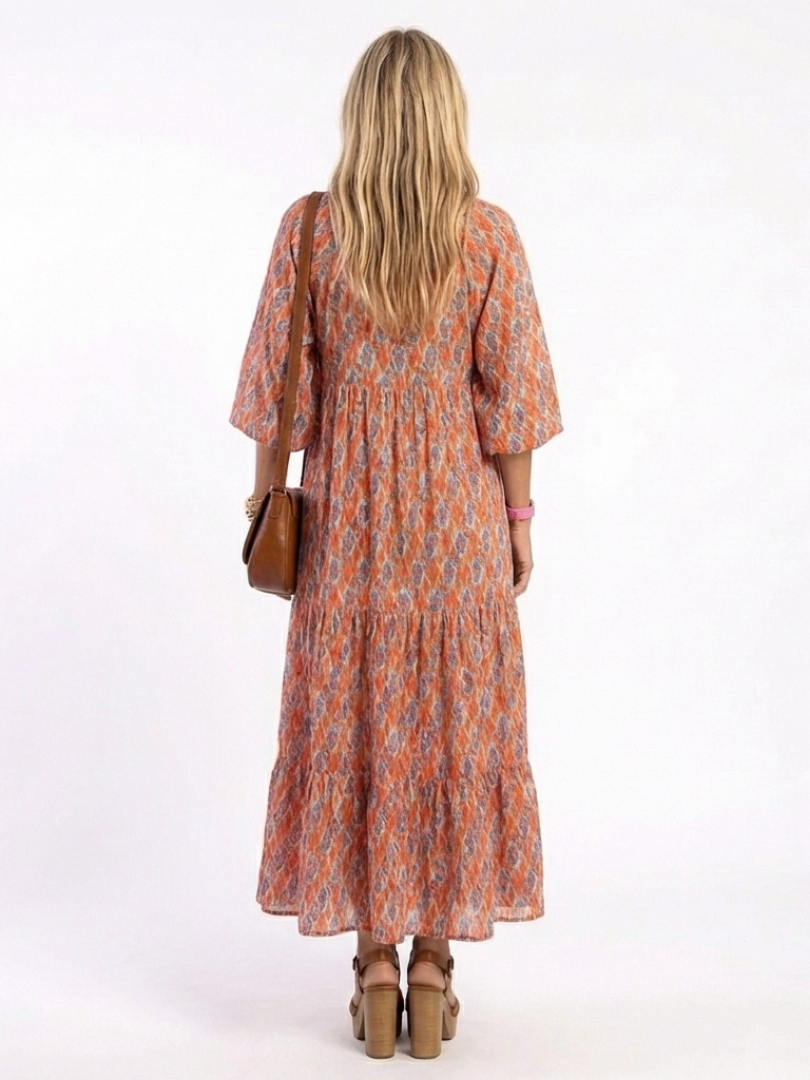 Lisette | Tiered Midi Dress in Geometric Print with V Neckline