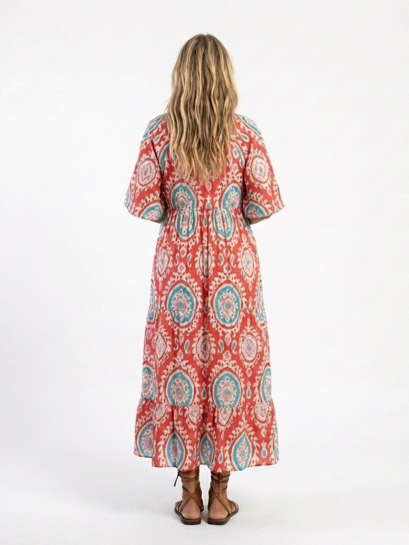 Nadine | Paisley Print Midi Dress with V Neckline & Short Sleeves