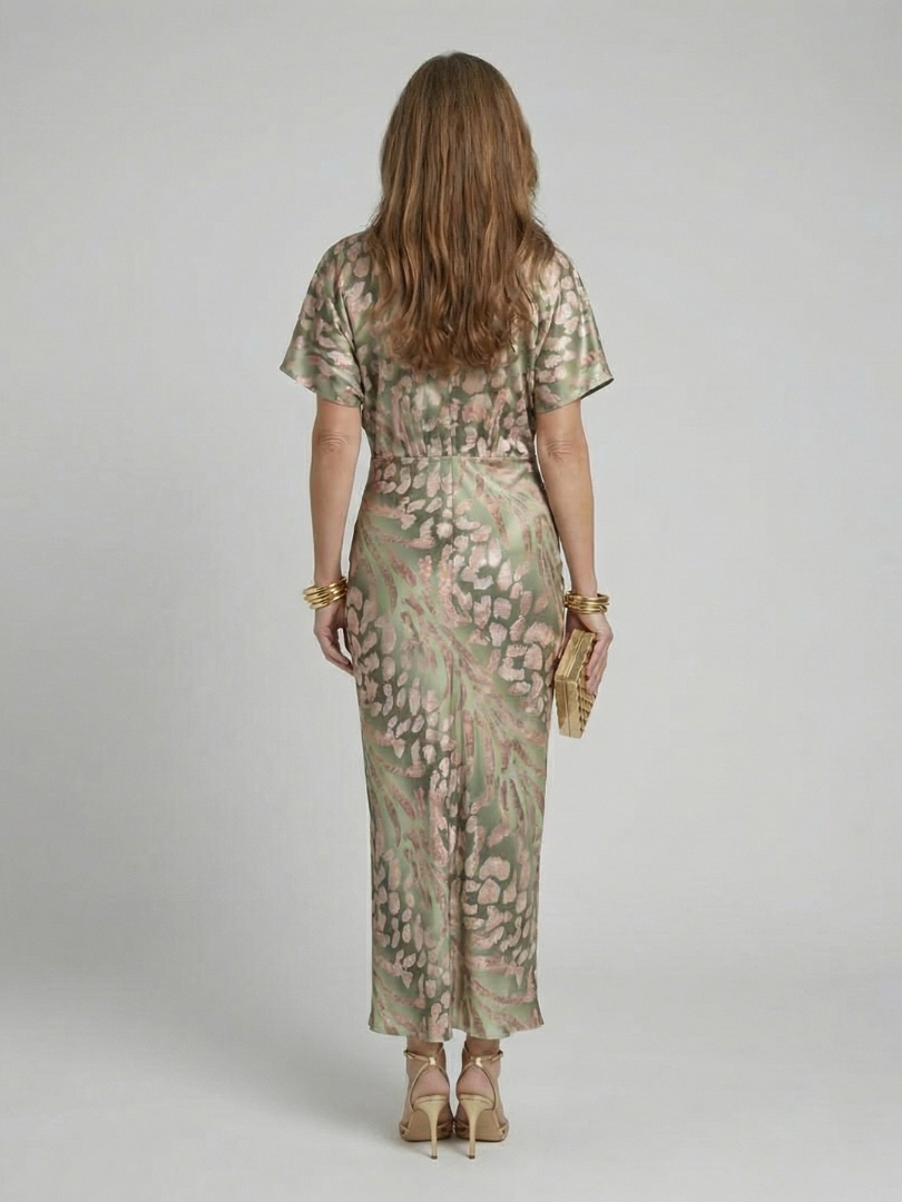 Elise | Abstract Print Midi Dress with Twist Waist & V Neckline