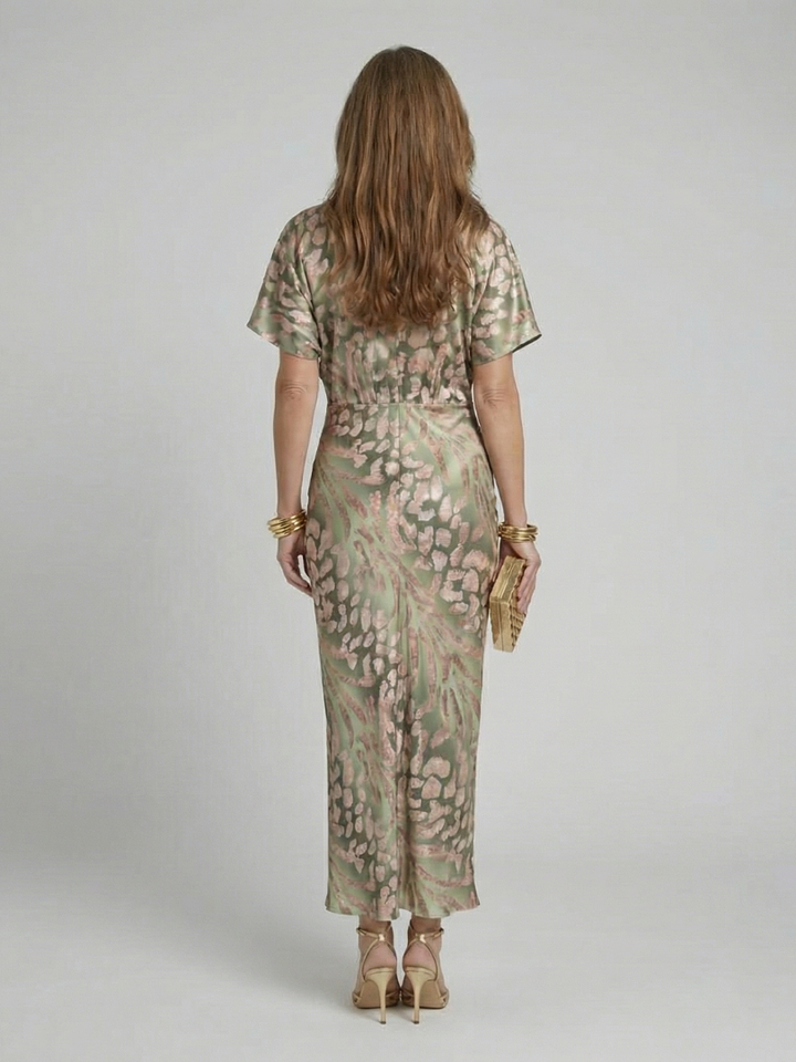 Elise | Abstract Print Midi Dress with Twist Waist & V Neckline