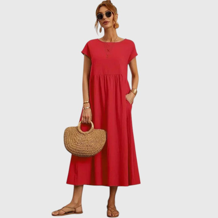 Fenna | Relaxed Midi Dress with Round Neckline & Side Pockets