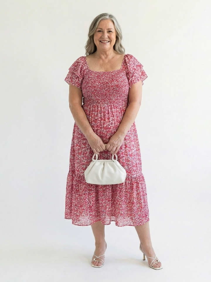 Fleur | Floral Smocked Midi Dress with Off Shoulder Neckline