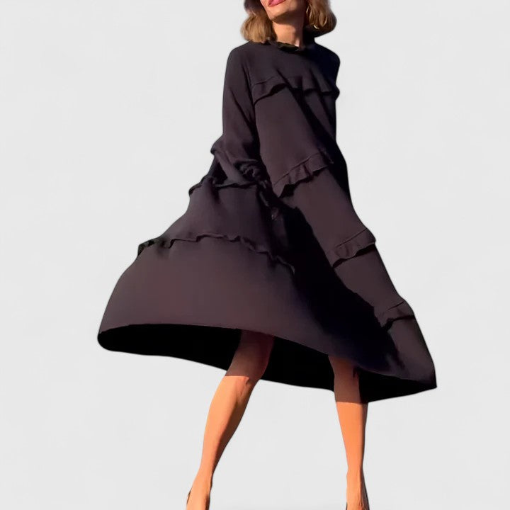 Brianne | Layered Ruffle Midi Dress with High Neckline & Long Sleeves