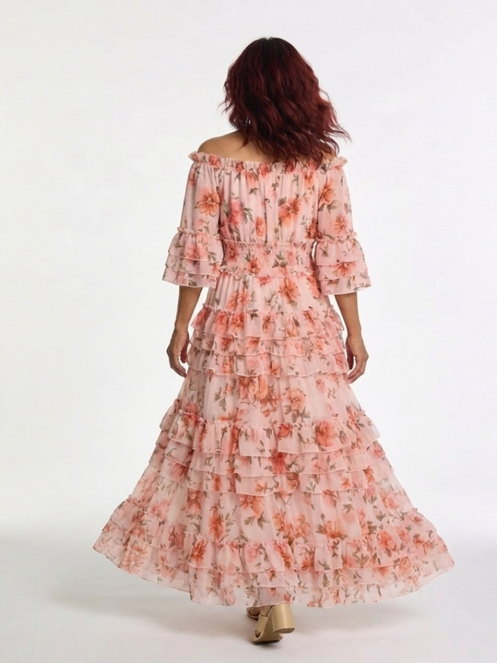 Solène | Floral Maxi Dress with Off Shoulder Ruffle & Tiered Hem