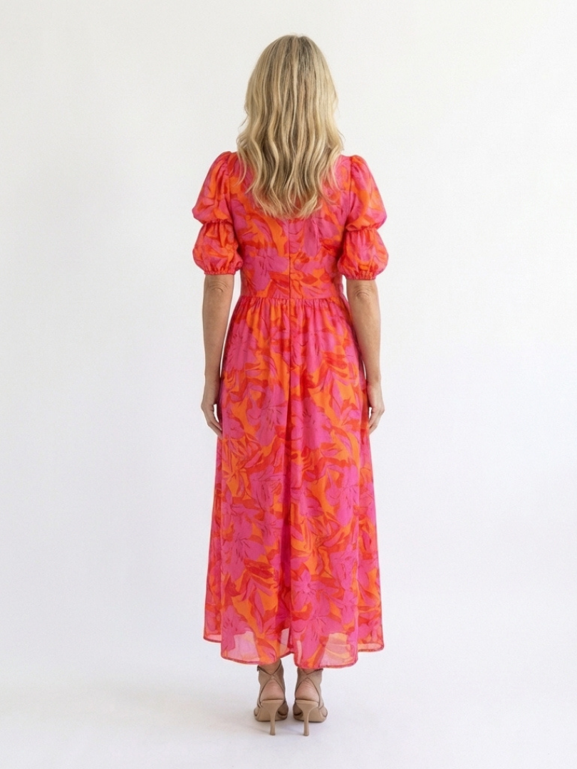 Lena | Floral Midi Dress with Puff Sleeves & V Neckline