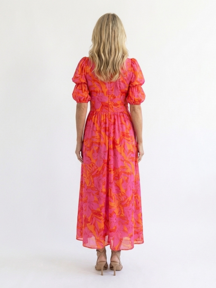 Lena | Floral Midi Dress with Puff Sleeves & V Neckline