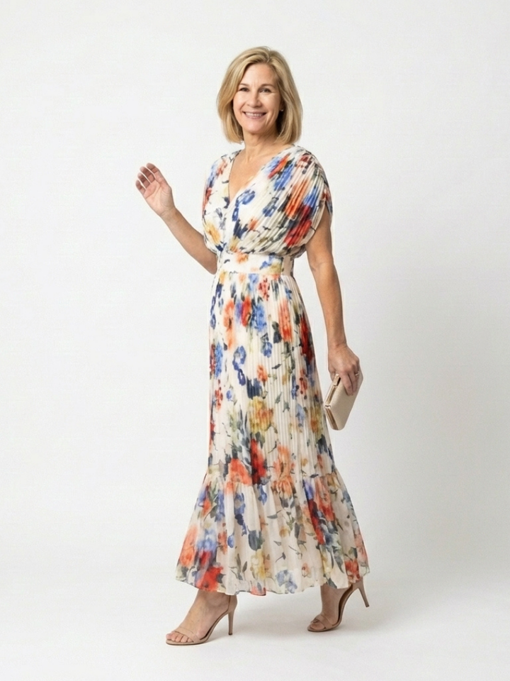 Adele | Pleated Floral Midi Dress with Short Sleeves