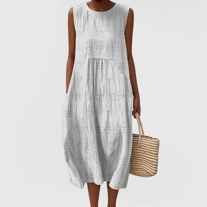 Valentina | Sleeveless Embroidered Midi Dress with Pockets & Gathered Waist