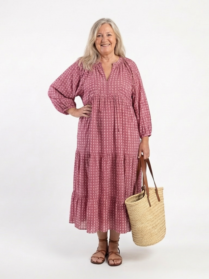Simone | Geometric Print Midi Dress with Long Sleeves