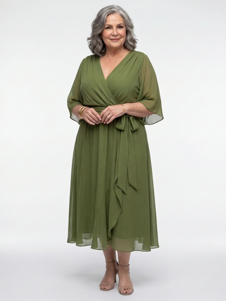 Camille | Draped Midi Dress with V Neckline & Waist Tie