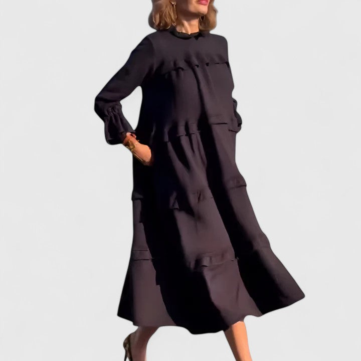 Brianne | Layered Ruffle Midi Dress with High Neckline & Long Sleeves