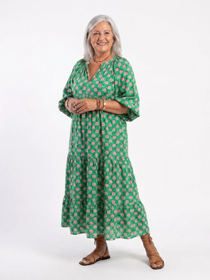 Celeste | Tiered Floral Midi Dress with V Neckline