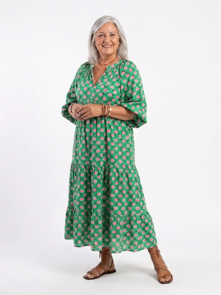 Celeste | Tiered Floral Midi Dress with V Neckline