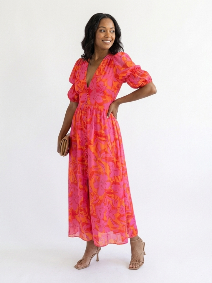 Lena | Floral Midi Dress with Puff Sleeves & V Neckline