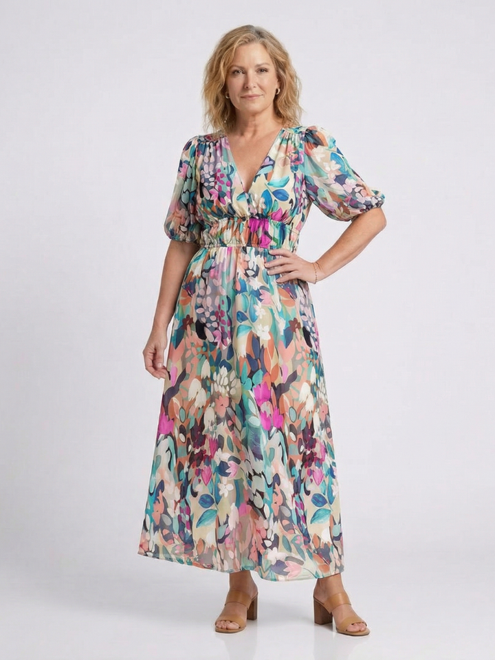 Mila | Gathered Waist Midi Dress with V Neckline & Short Sleeves