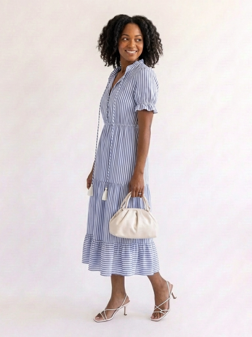 Vera | Striped Tiered Midi Dress with Short Sleeves