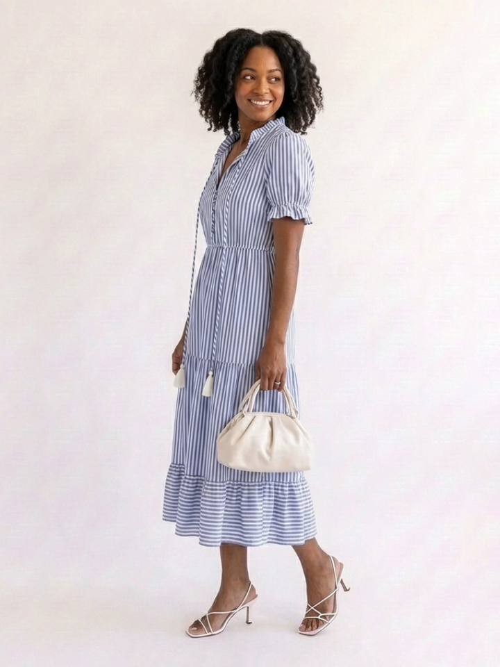Vera | Striped Tiered Midi Dress with Short Sleeves