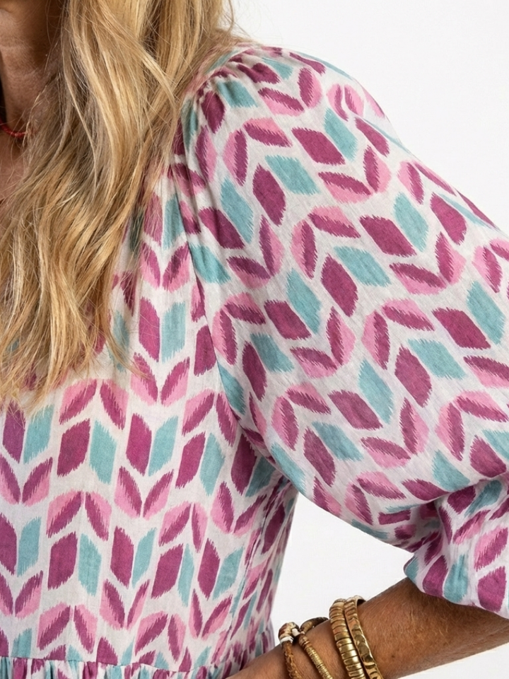 Ingrid | Tiered Midi Dress in Geometric Print with Long Sleeves