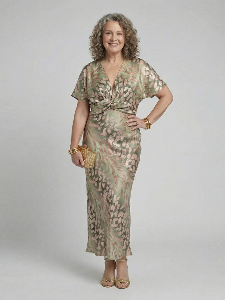 Elise | Abstract Print Midi Dress with Twist Waist & V Neckline