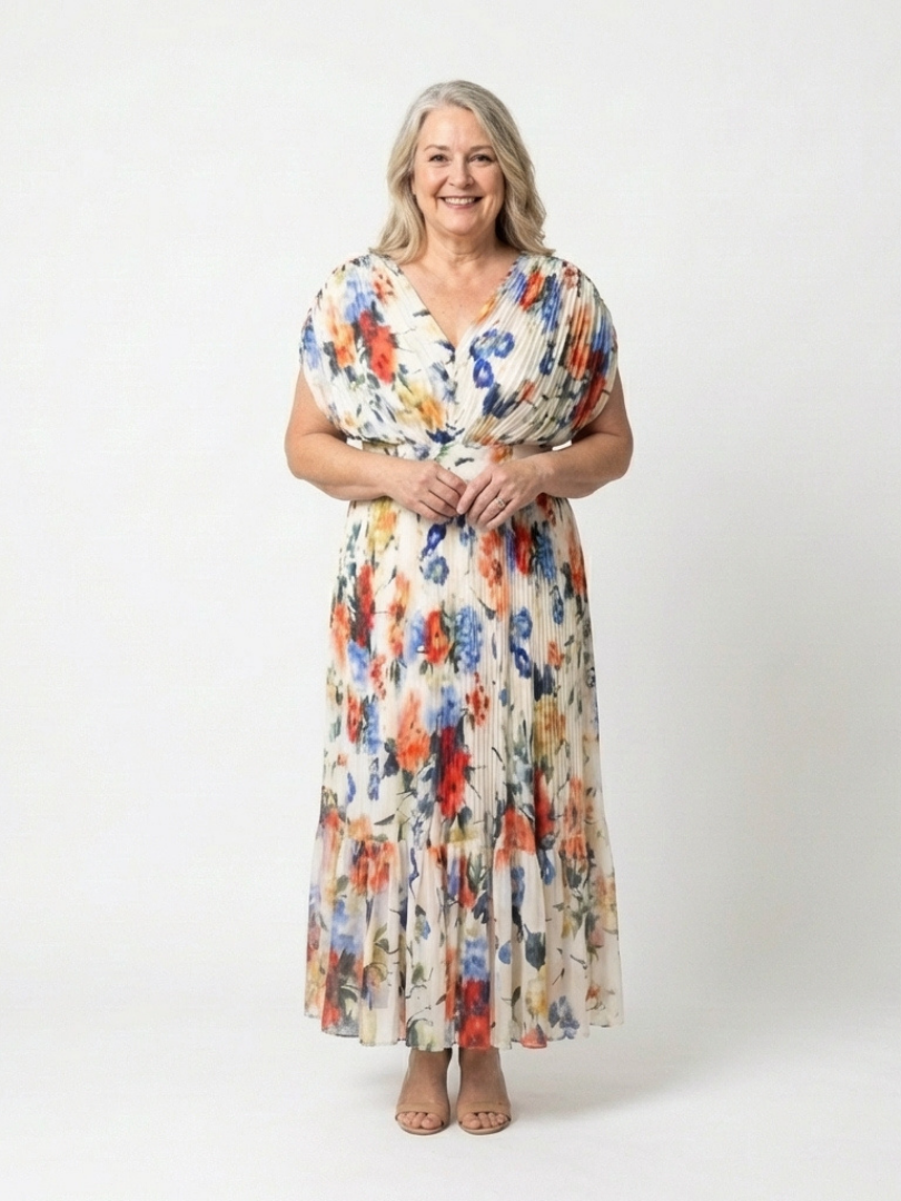 Adele | Pleated Floral Midi Dress with Short Sleeves