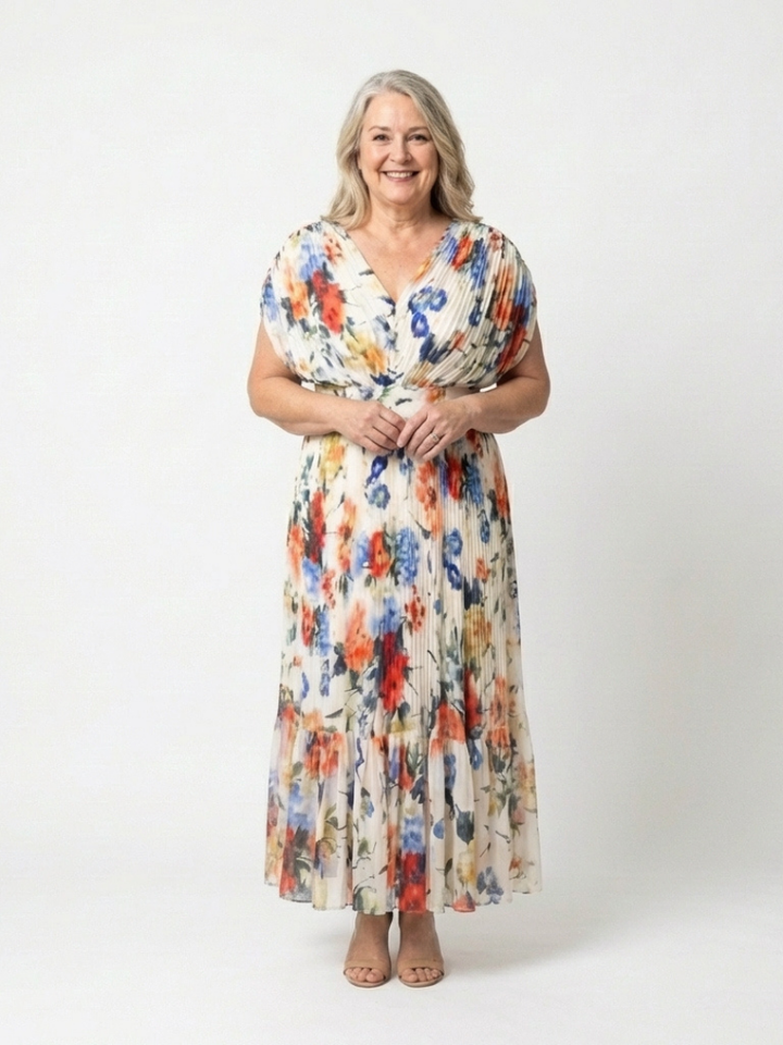 Adele | Pleated Floral Midi Dress with Short Sleeves