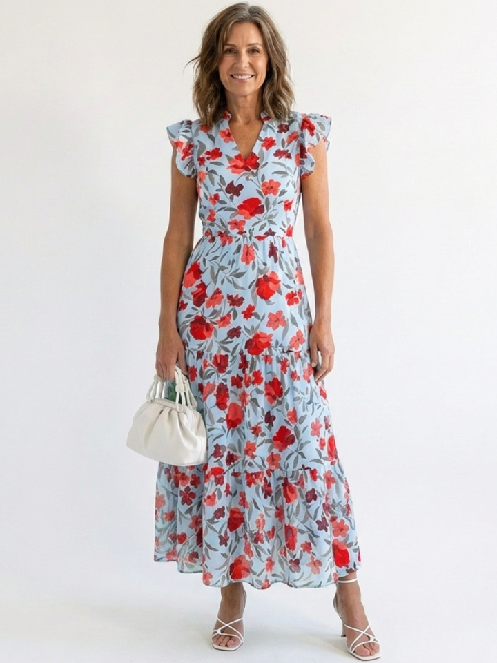 Seraphine | Tiered Floral Midi Dress with V Neckline