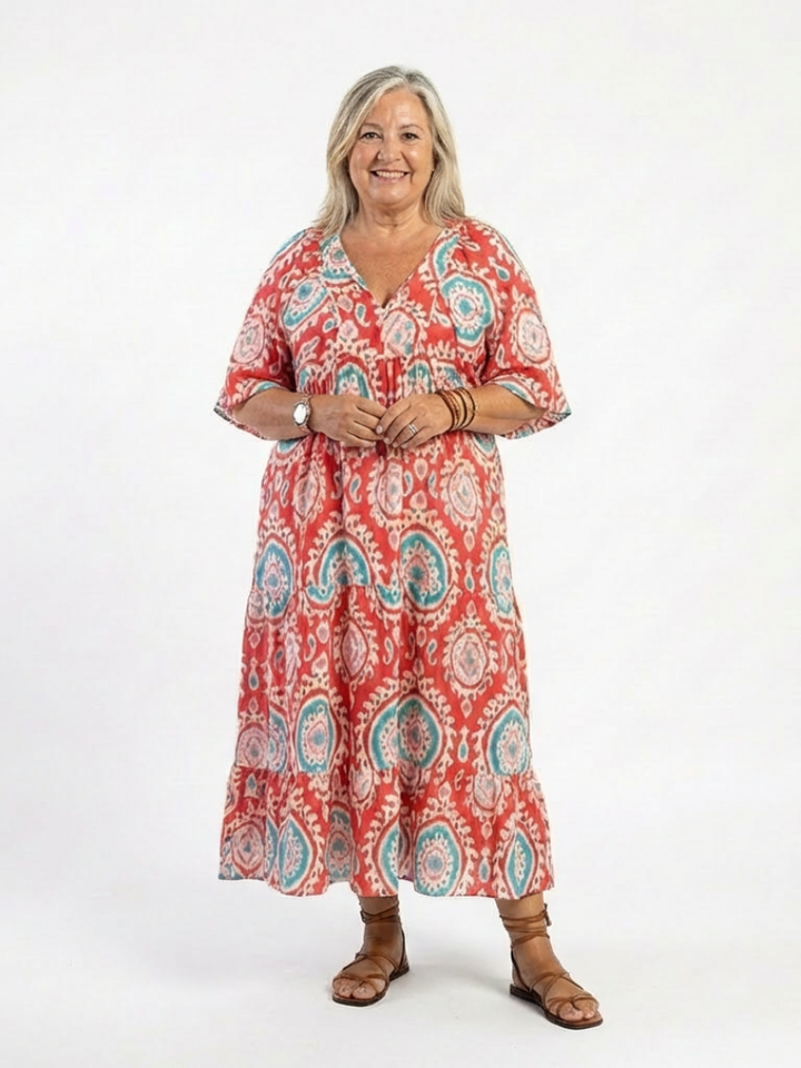 Nadine | Paisley Print Midi Dress with V Neckline & Short Sleeves