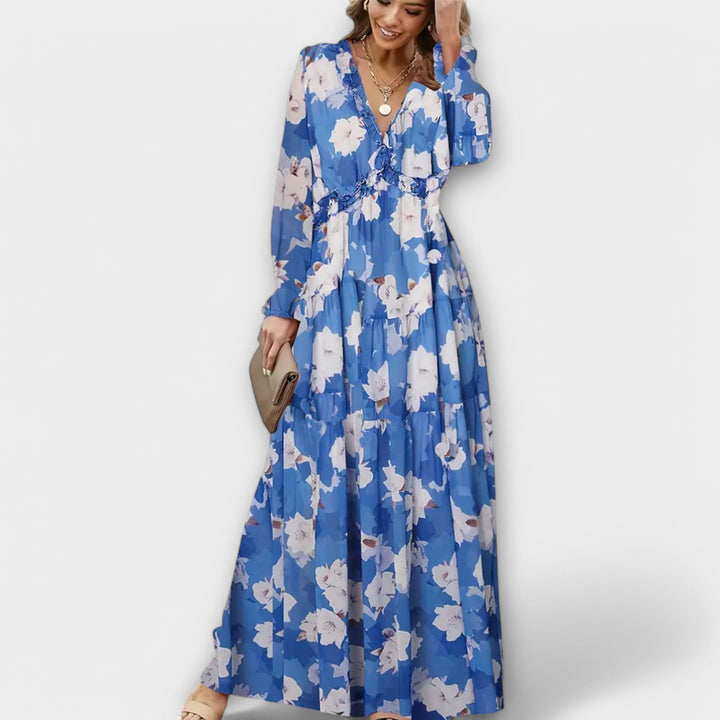 Phoebe | Floral Pleated Maxi Dress with V Neckline