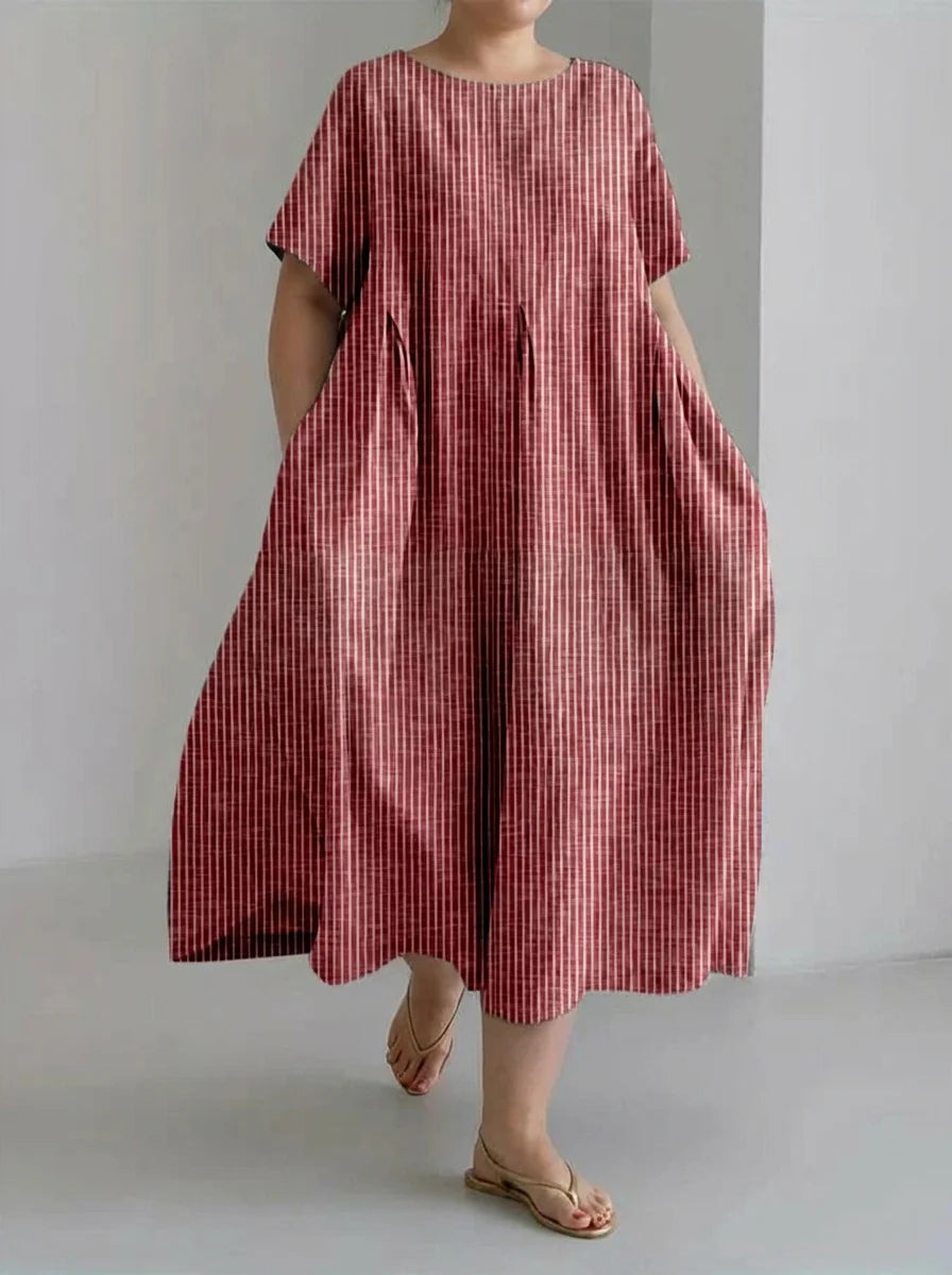 Jolie | Retro Stripe Print Loose Midi Dress with Round Neckline
