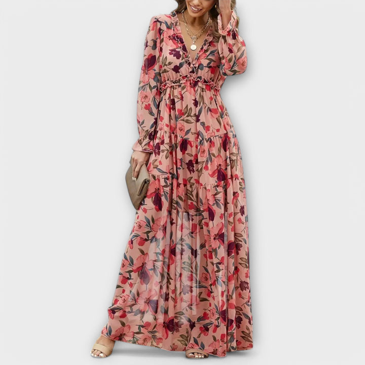 Phoebe | Floral Pleated Maxi Dress with V Neckline