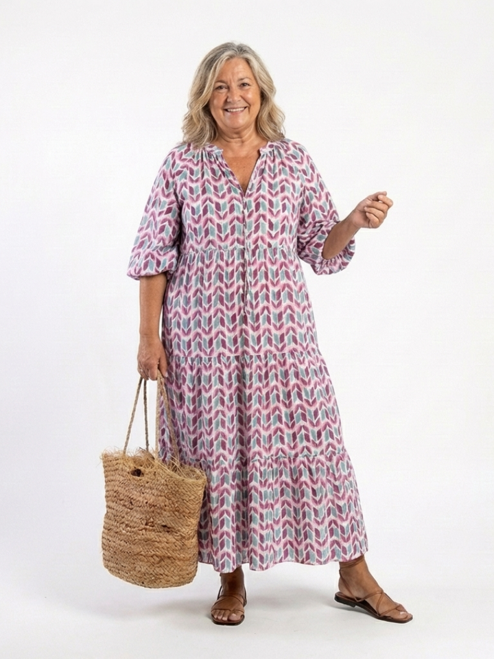 Ingrid | Tiered Midi Dress in Geometric Print with Long Sleeves
