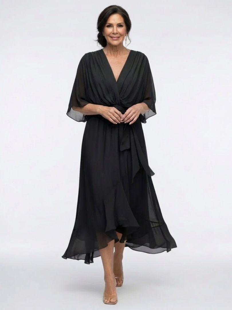 Camille | Draped Midi Dress with V Neckline & Waist Tie
