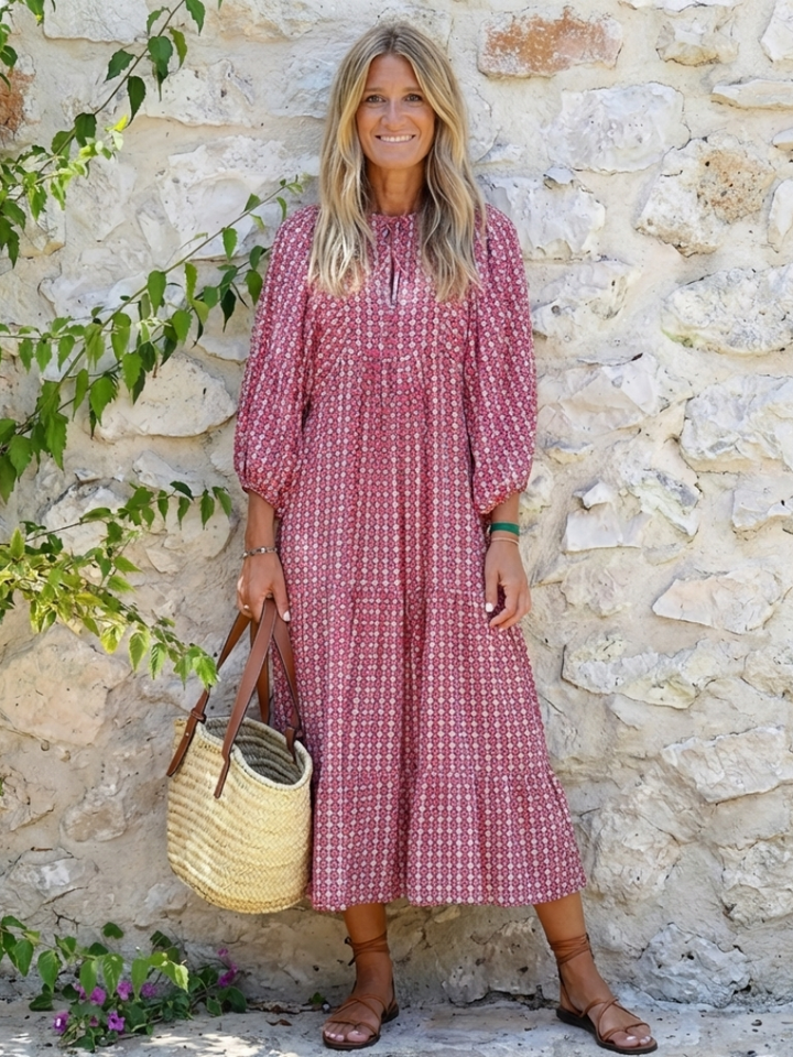 Simone | Geometric Print Midi Dress with Long Sleeves