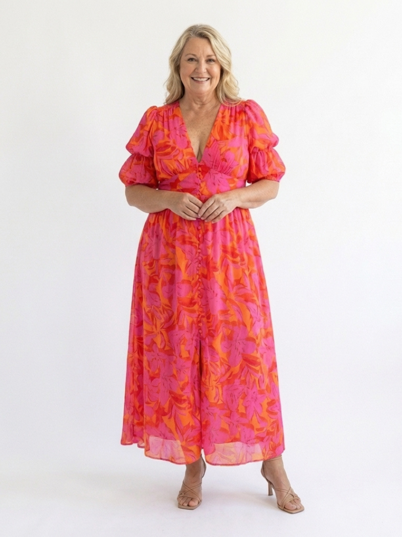 Lena | Floral Midi Dress with Puff Sleeves & V Neckline