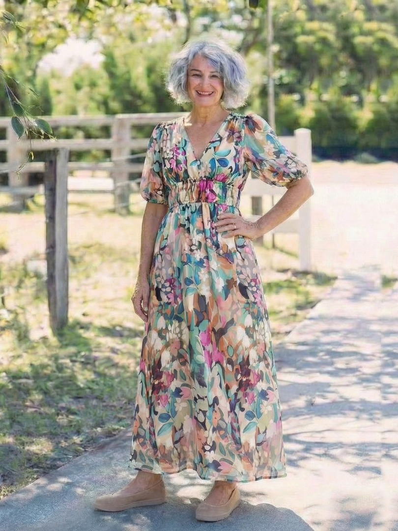 Mila | Gathered Waist Midi Dress with V Neckline & Short Sleeves