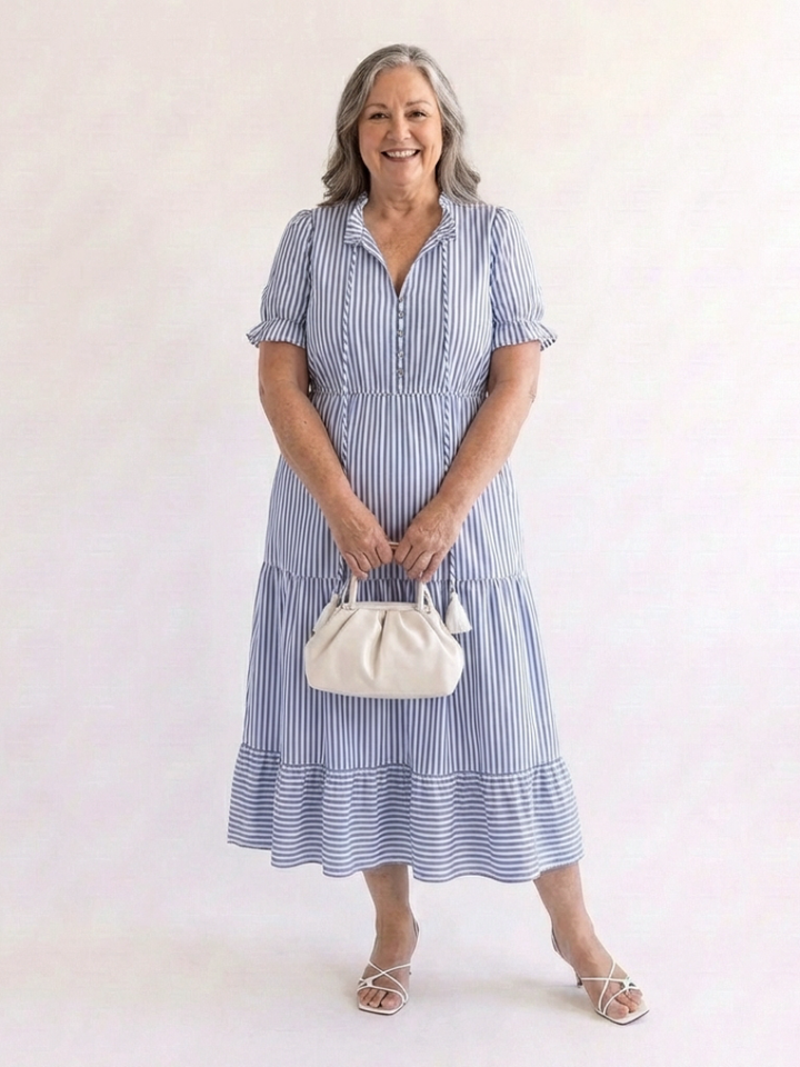 Vera | Striped Tiered Midi Dress with Short Sleeves