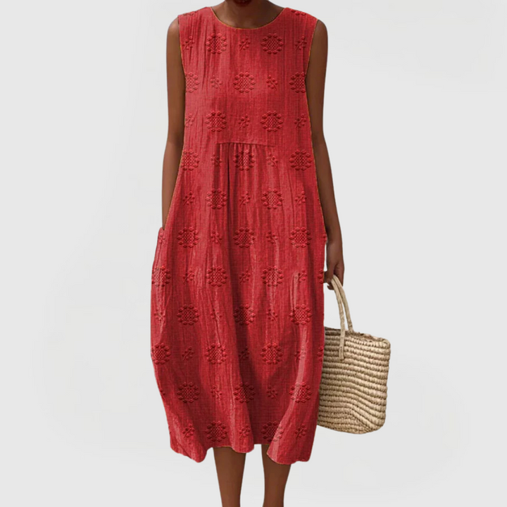 Valentina | Sleeveless Embroidered Midi Dress with Pockets & Gathered Waist