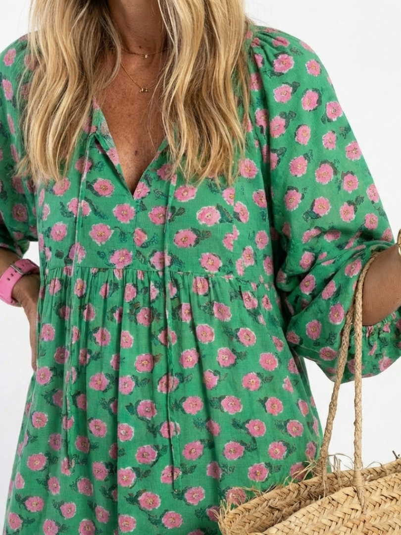 Celeste | Tiered Floral Midi Dress with V Neckline