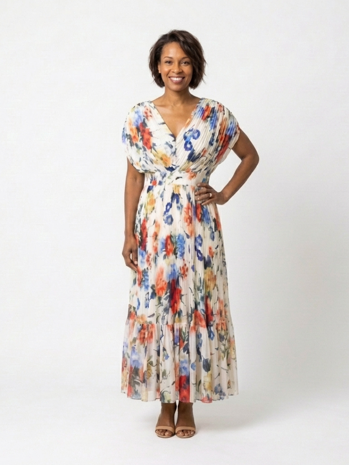 Adele | Pleated Floral Midi Dress with Short Sleeves