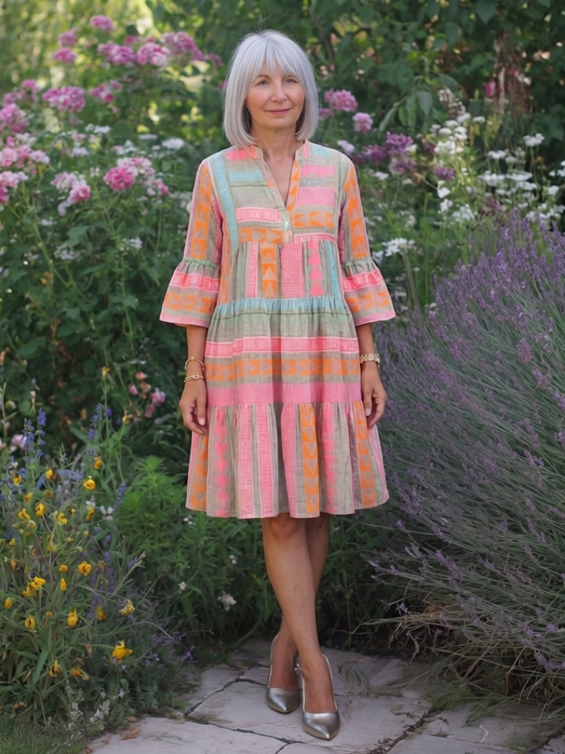 Zia | Tiered Knee Length Dress in Geometric Print with V Neckline